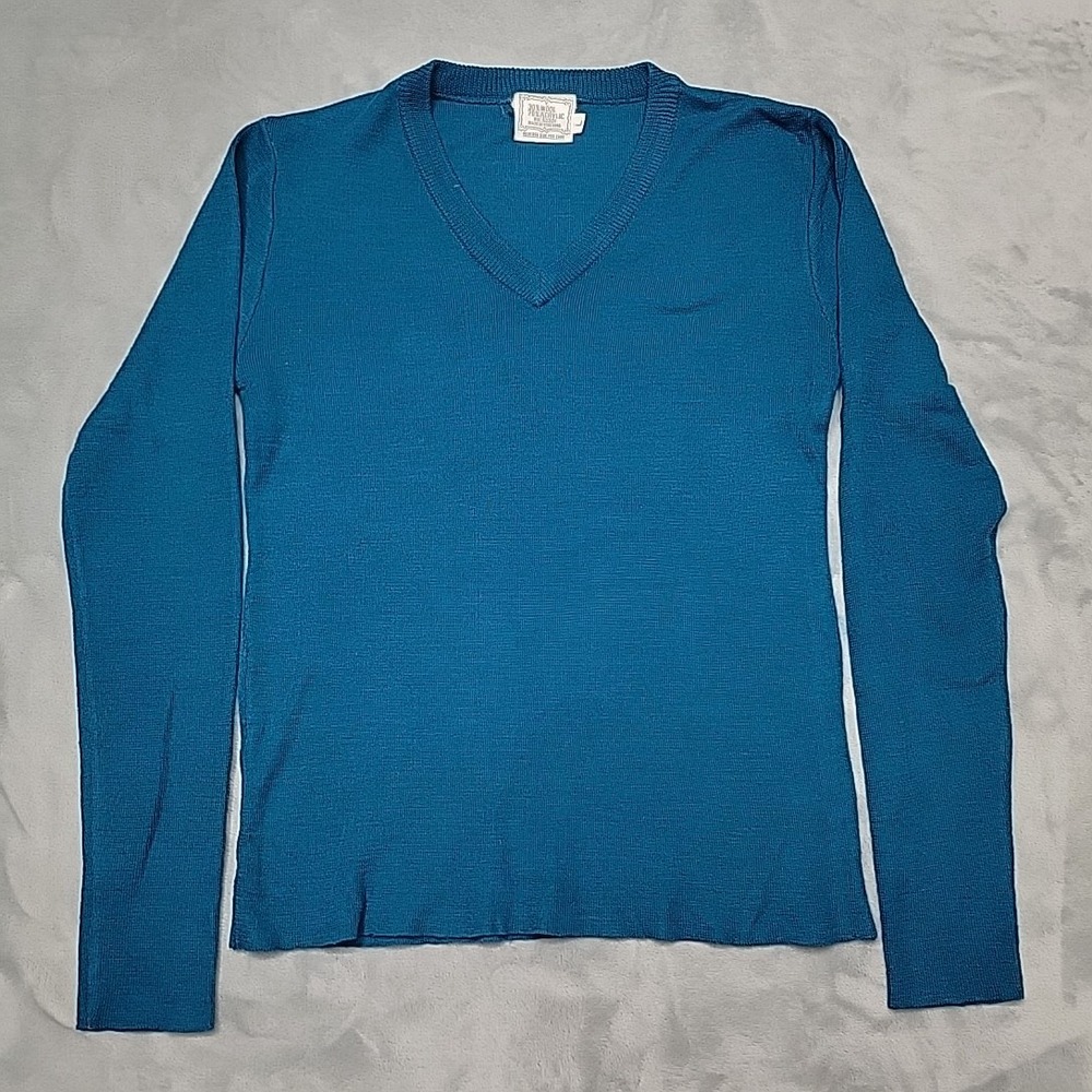 Vintage Wool Blend Sweater Womens Large Blue V Neck Long Sleeve Knit Pullover